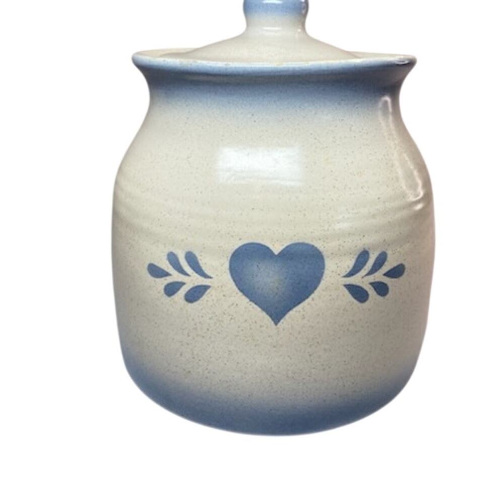 Vintage Blue Heart Stoneware Canister • 8.5” Tall • Folk Art Kitchen Jar